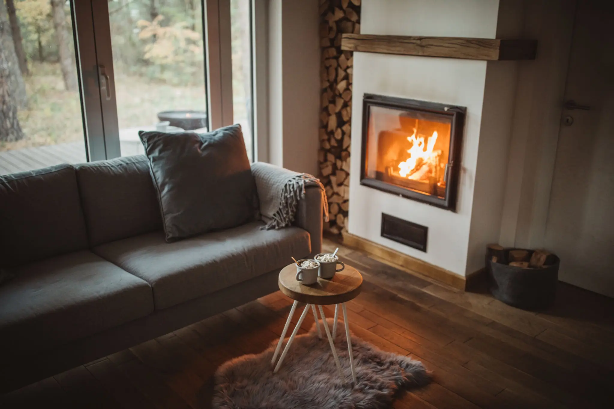 Cozy living room with fireplace and sofa.