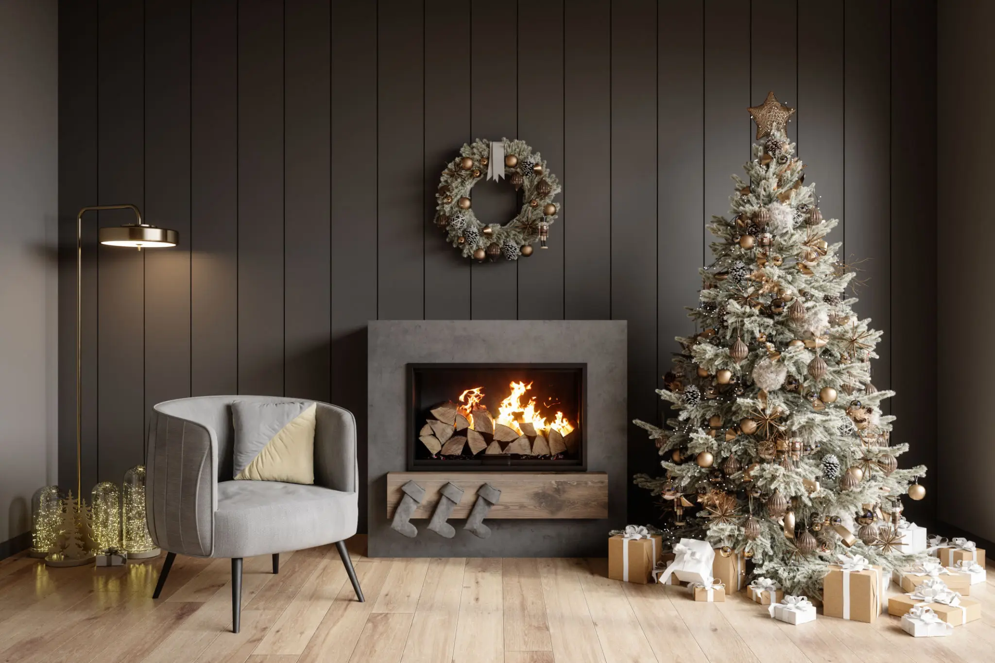 Cozy living room with Christmas tree and fireplace.